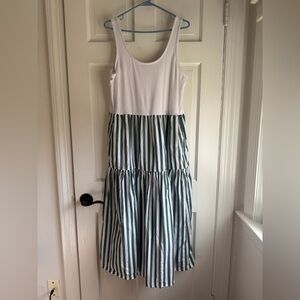 J.Crew Striped Midi Dress Green White Sleeveless Pockets Size Large